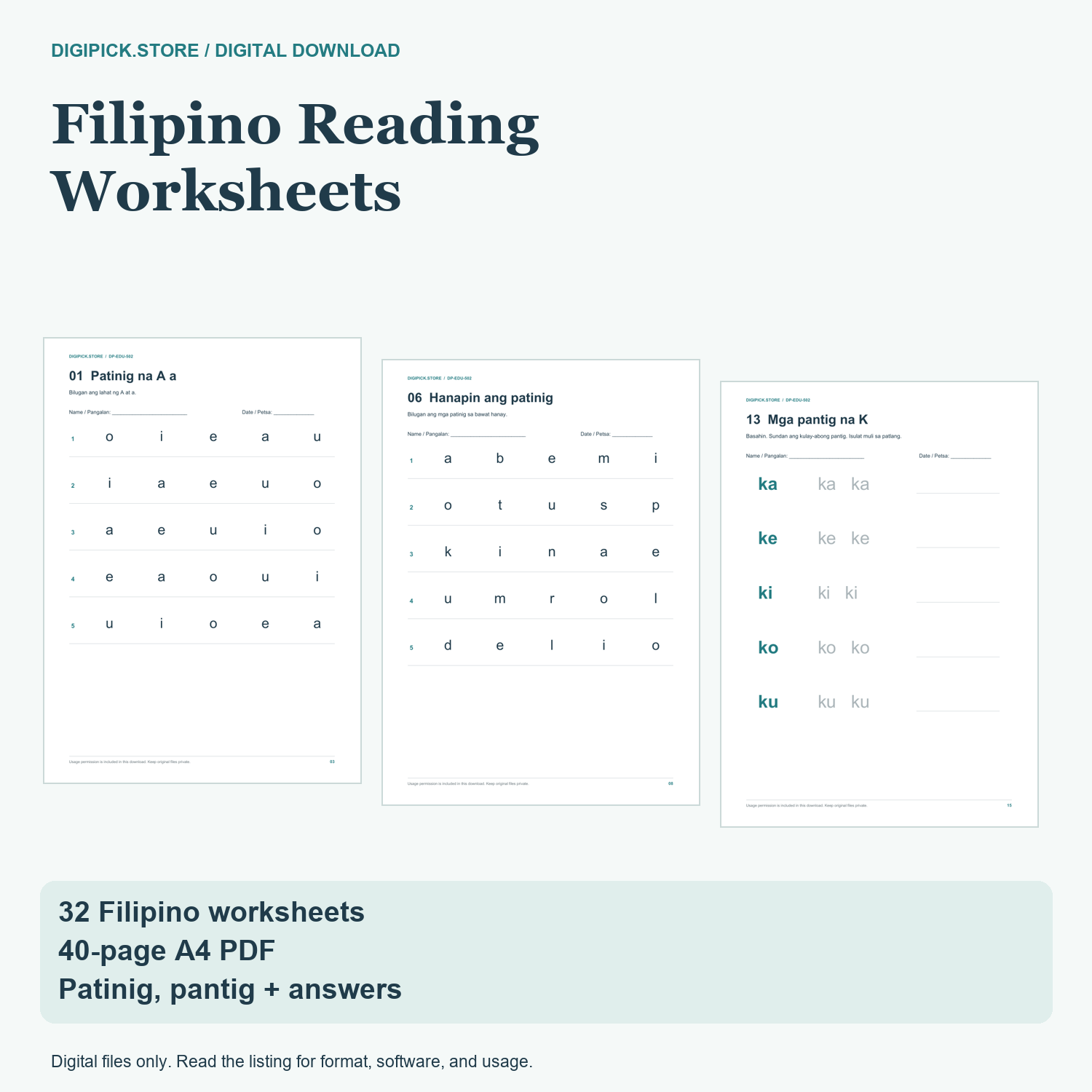 Filipino Reading Worksheets - original DigiPick digital product cover