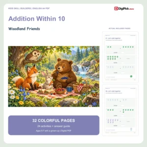 Woodland Friends addition within 10 worksheets - 32-page English A4 PDF cover and real page previews