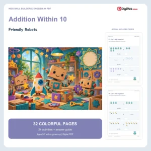 Friendly Robots addition within 10 worksheets - 32-page English A4 PDF cover and real page previews
