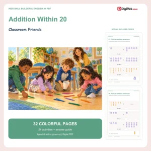Classroom Friends addition within 20 worksheets - 32-page English A4 PDF cover and real page previews