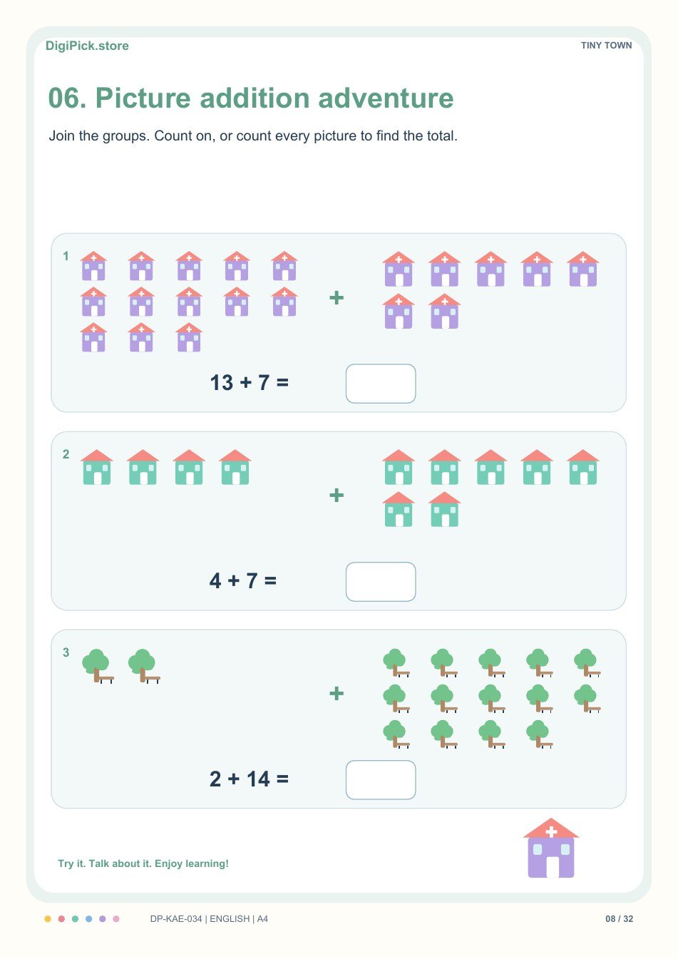 Tiny Town addition within 20 activity, PDF page 8: Join two pictured groups and complete 13 + 7 = __.