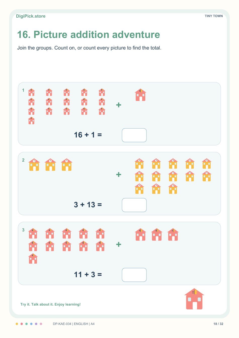 Tiny Town addition within 20 activity, PDF page 18: Join two pictured groups and complete 16 + 1 = __.