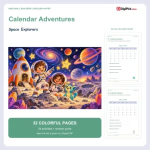 Space Explorers 2027 calendar worksheets for kids - 32-page English A4 PDF cover and real page previews