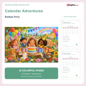 Rainbow Party 2027 calendar worksheets for kids - 32-page English A4 PDF cover and real page previews