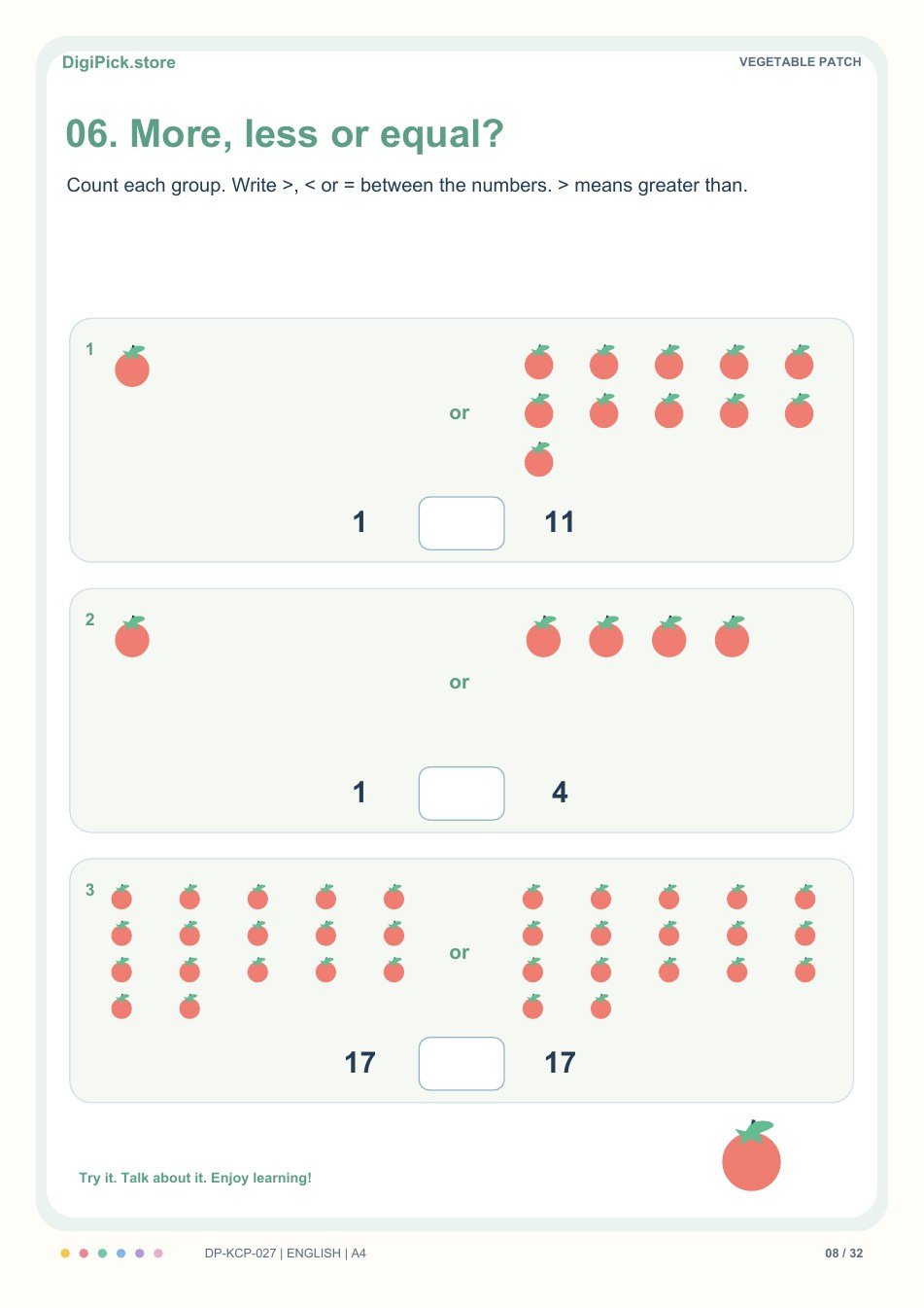 Vegetable Patch more, less & equal activity, PDF page 8: Count the two groups, then choose >, < or = for 1 __ 11.