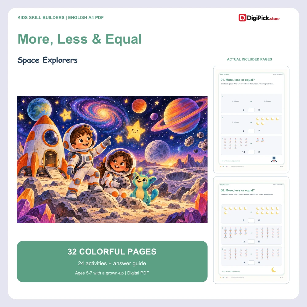 Space Explorers more less equal worksheets for kids - 32-page English A4 PDF cover and real page previews