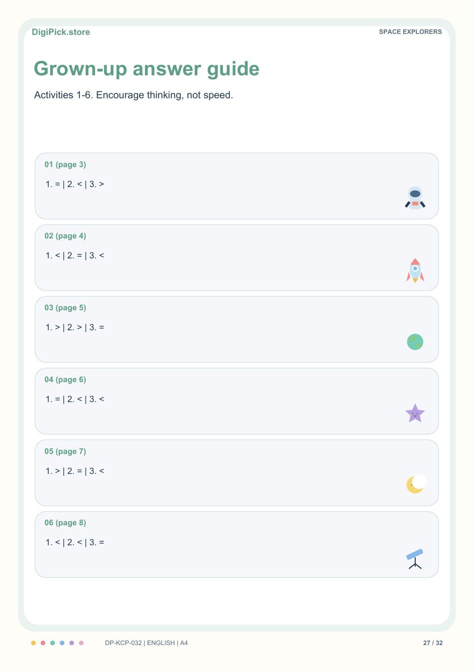 Space Explorers more, less & equal answer guide, PDF page 27