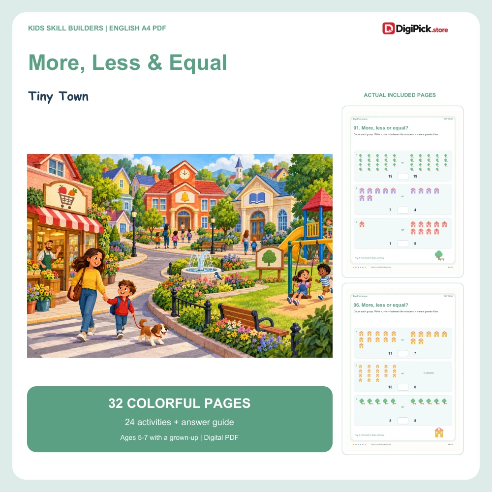 Tiny Town more less equal worksheets for kids - 32-page English A4 PDF cover and real page previews