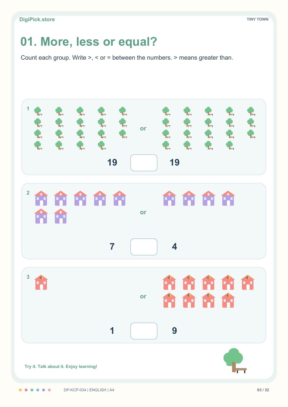 Tiny Town more, less & equal activity, PDF page 3: Count the two groups, then choose >, < or = for 19 __ 19.