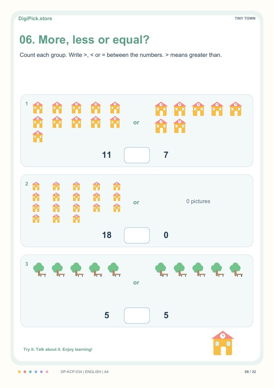 Tiny Town more, less & equal activity, PDF page 8: Count the two groups, then choose >, < or = for 11 __ 7.