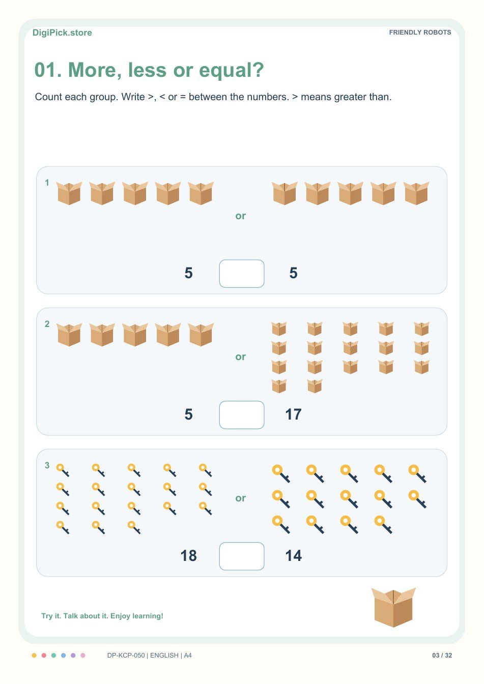 Friendly Robots more, less & equal activity, PDF page 3: Count the two groups, then choose >, < or = for 5 __ 5.