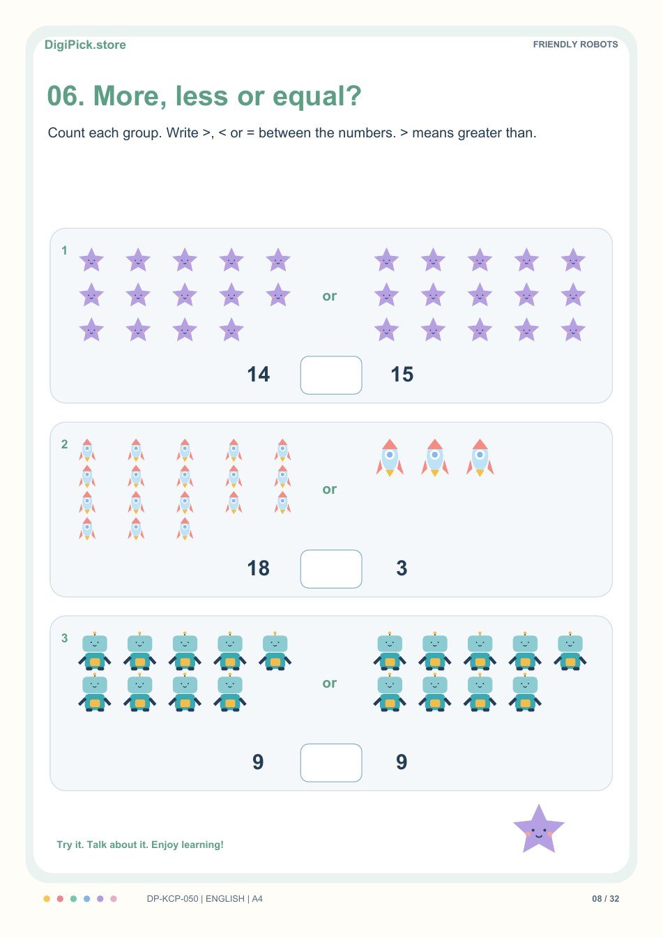 Friendly Robots more, less & equal activity, PDF page 8: Count the two groups, then choose >, < or = for 14 __ 15.