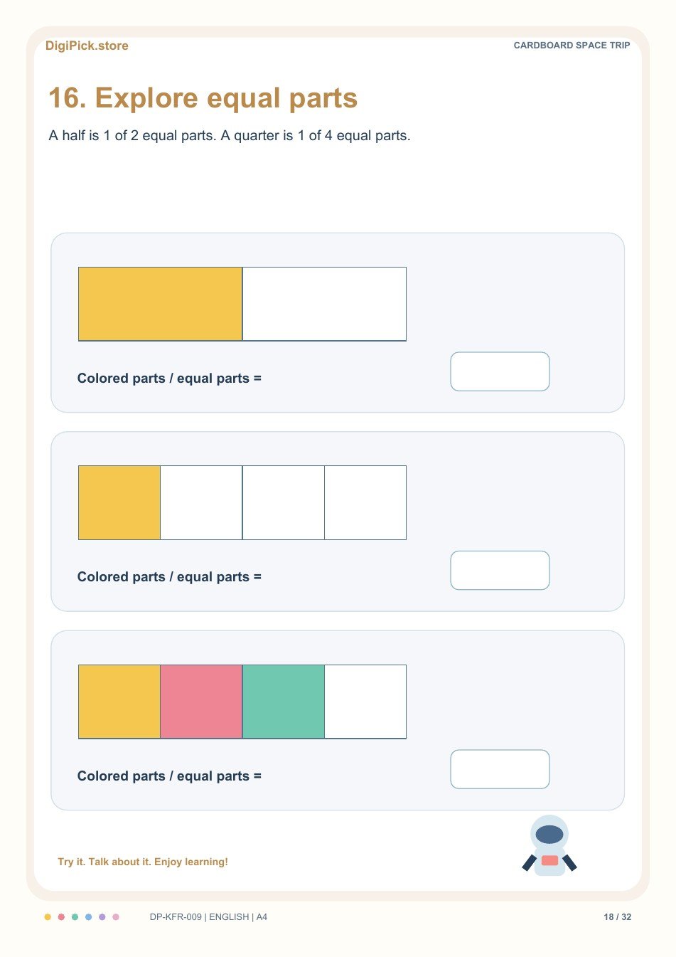 Cardboard Space Trip halves & quarters activity, PDF page 18: Name the fraction shown by 1 shaded part out of 2 equal parts.