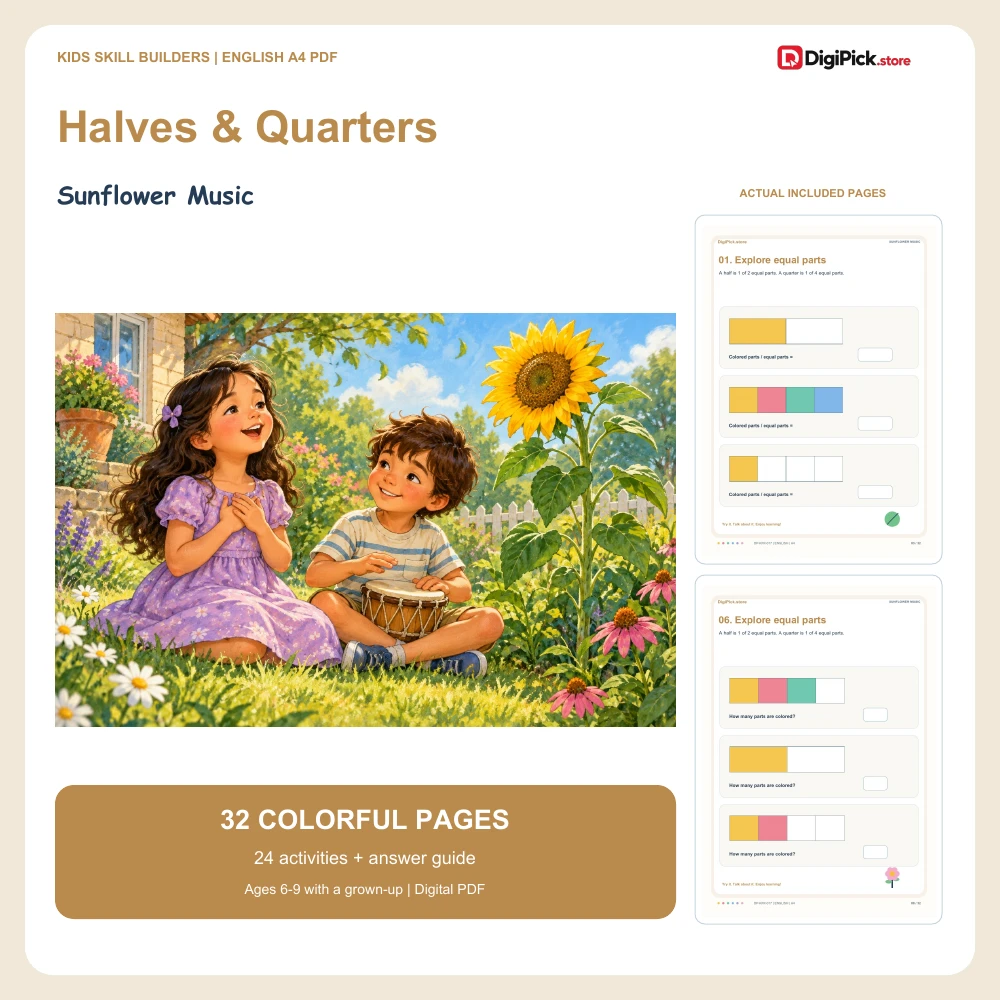 Sunflower Music halves and quarters worksheets - 32-page English A4 PDF cover and real page previews