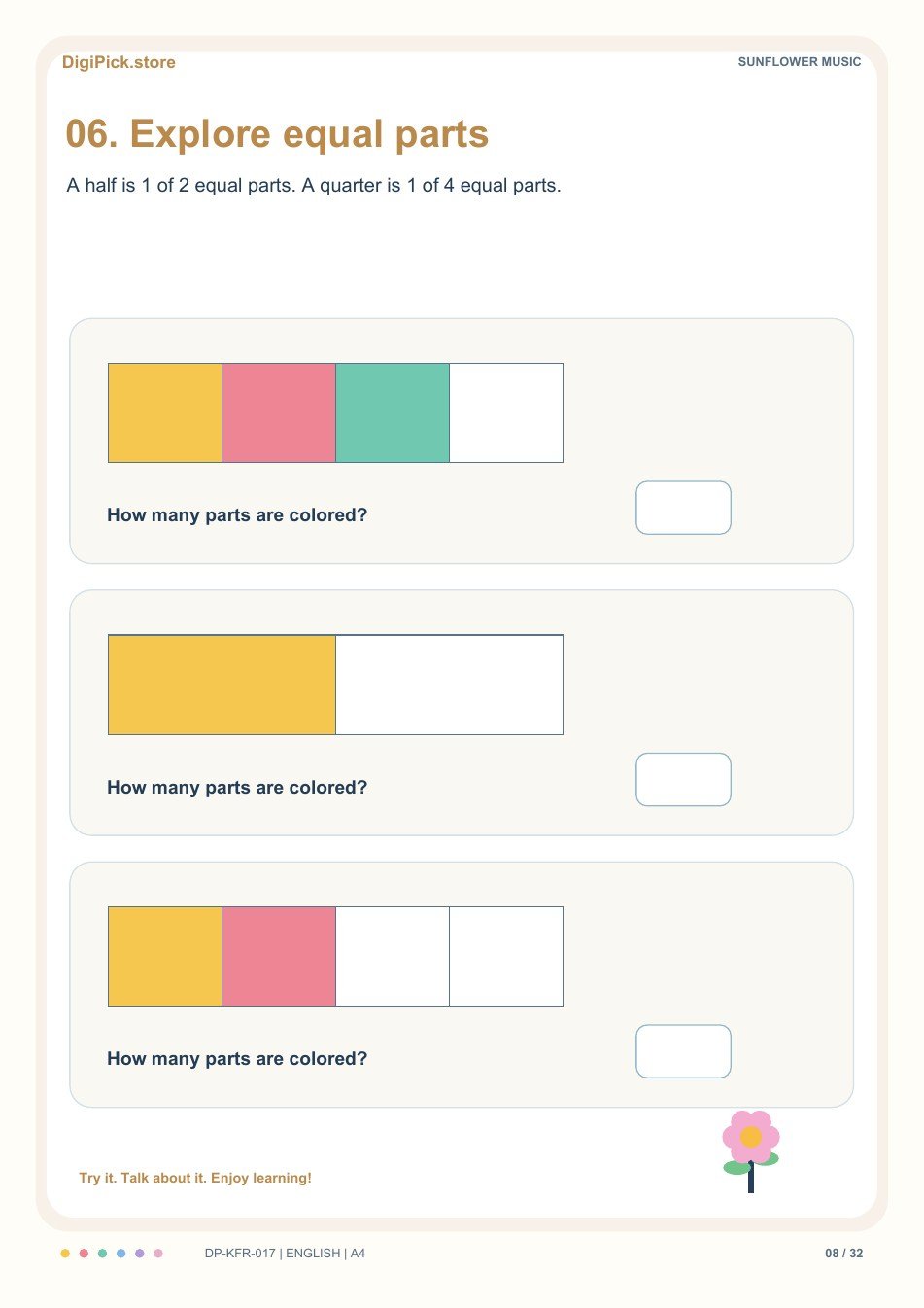 Sunflower Music halves & quarters activity, PDF page 8: Count the colored parts in a bar with 4 equal sections.