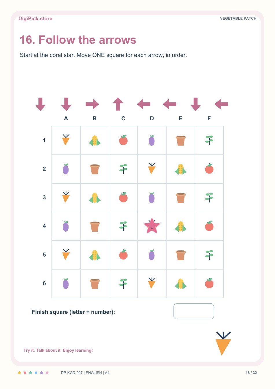 Vegetable Patch grid direction quest activity, PDF page 18: Start at D4 and follow: down, down, right, up, left, left, down, left. Write the final grid reference.