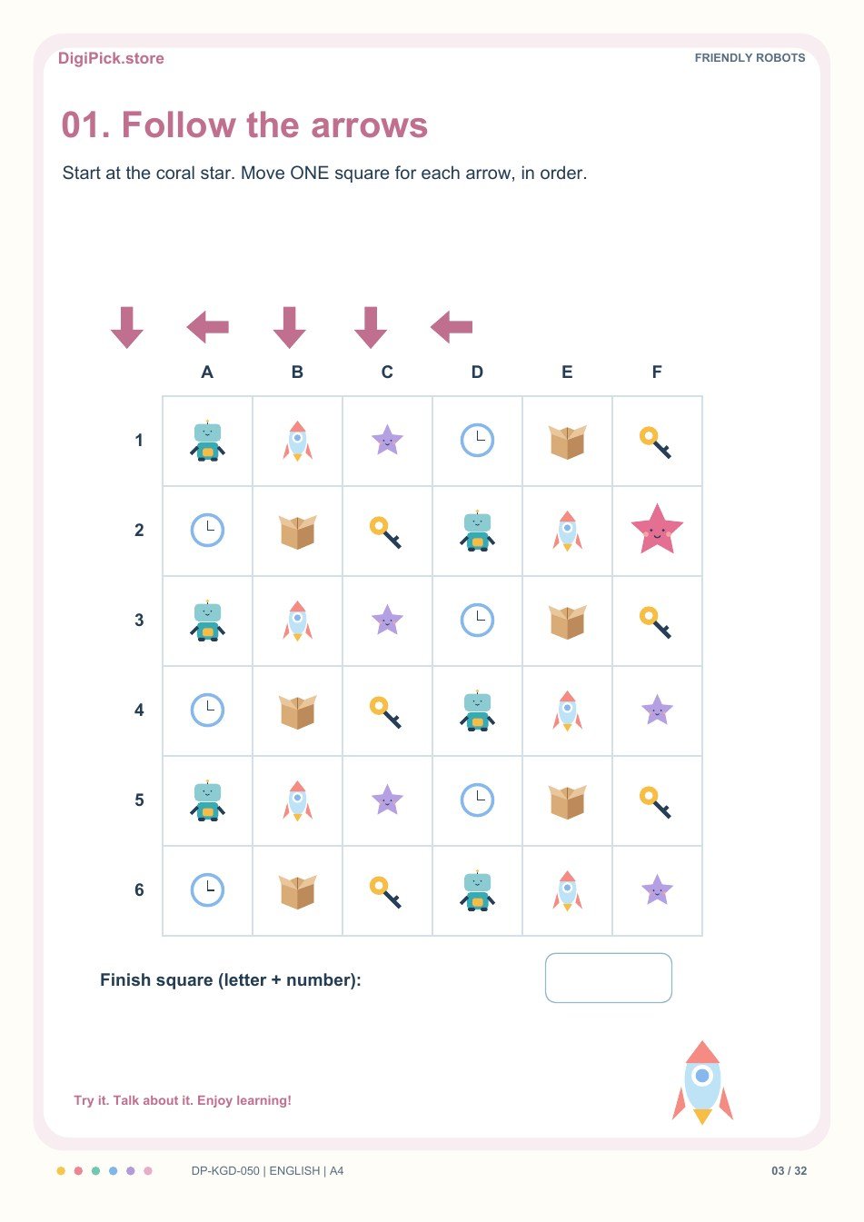 Friendly Robots grid direction quest activity, PDF page 3: Start at F2 and follow: down, left, down, down, left. Write the final grid reference.