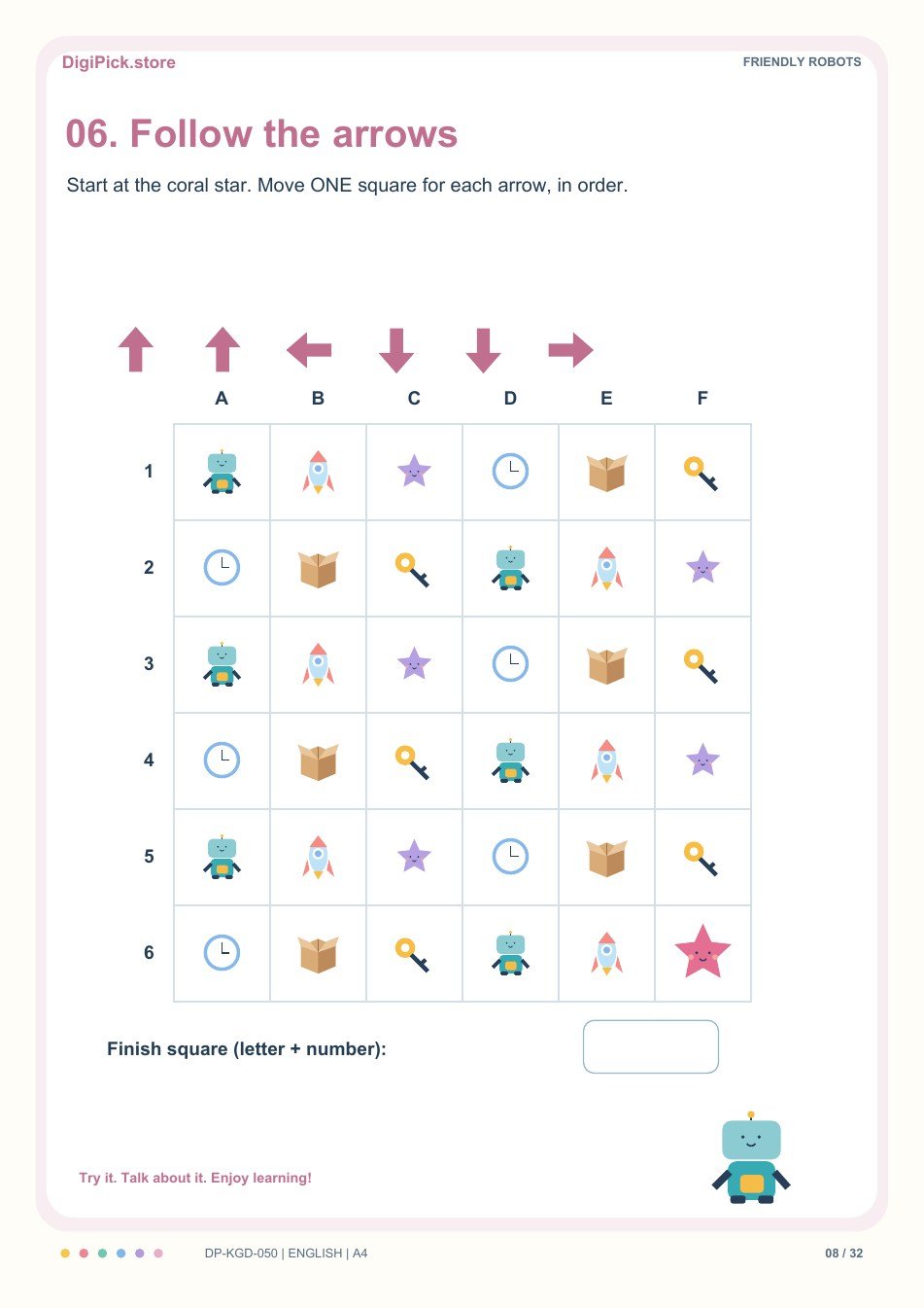 Friendly Robots grid direction quest activity, PDF page 8: Start at F6 and follow: up, up, left, down, down, right. Write the final grid reference.