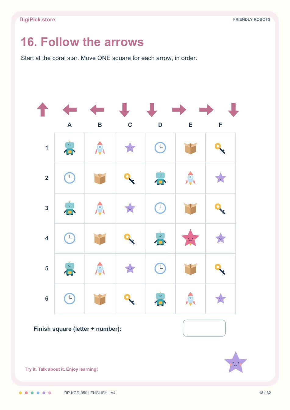 Friendly Robots grid direction quest activity, PDF page 18: Start at E4 and follow: up, left, left, down, down, right, right, down. Write the final grid reference.