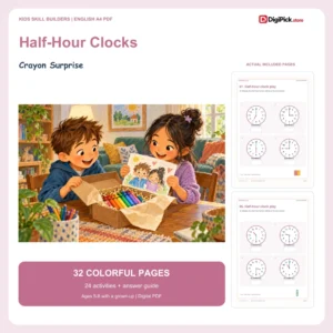 Crayon Surprise telling time to the half hour worksheets - 32-page English A4 PDF cover and real page previews