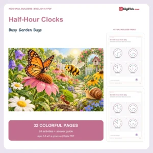 Busy Garden Bugs telling time to the half hour worksheets - 32-page English A4 PDF cover and real page previews