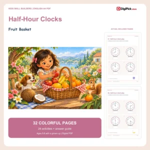 Fruit Basket telling time to the half hour worksheets - 32-page English A4 PDF cover and real page previews