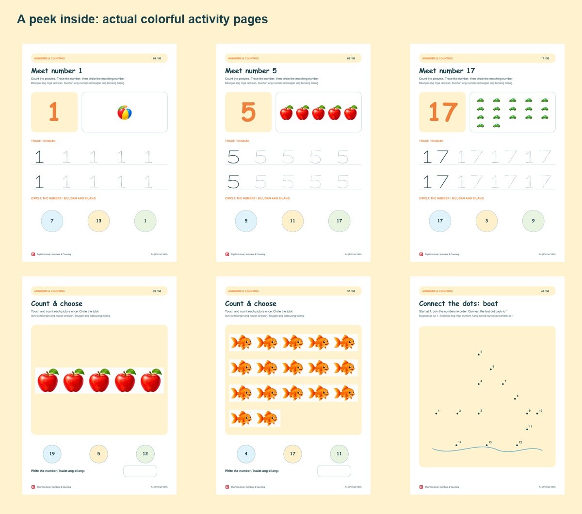 Numbers & Counting - 50 Colorful Preschool Pages (A4 PDF) - actual included file preview