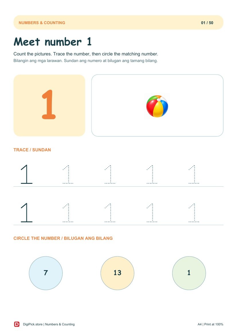 Numbers & Counting - 50 Colorful Preschool Pages (A4 PDF) - actual included file preview