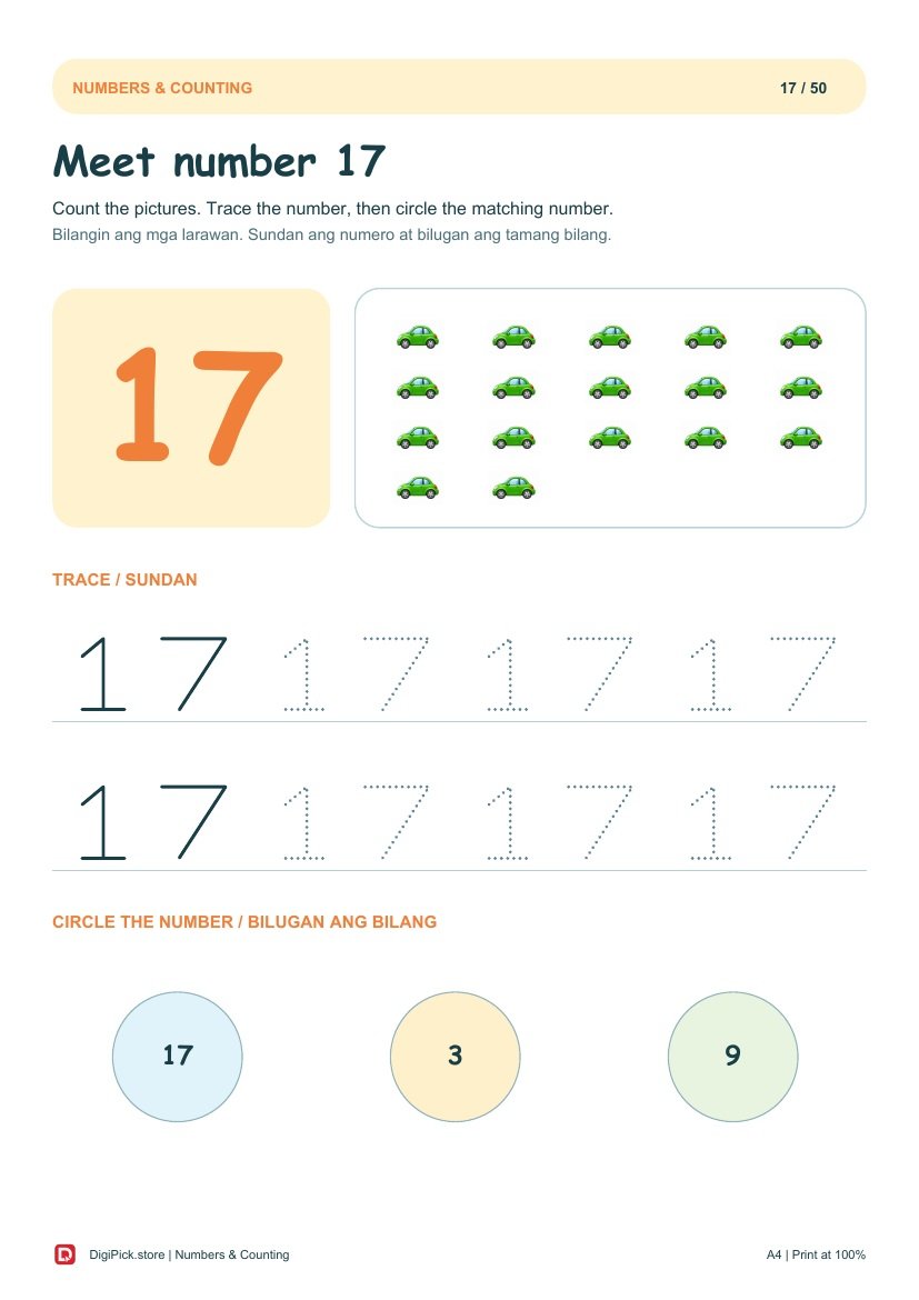 Numbers & Counting - 50 Colorful Preschool Pages (A4 PDF) - actual included file preview