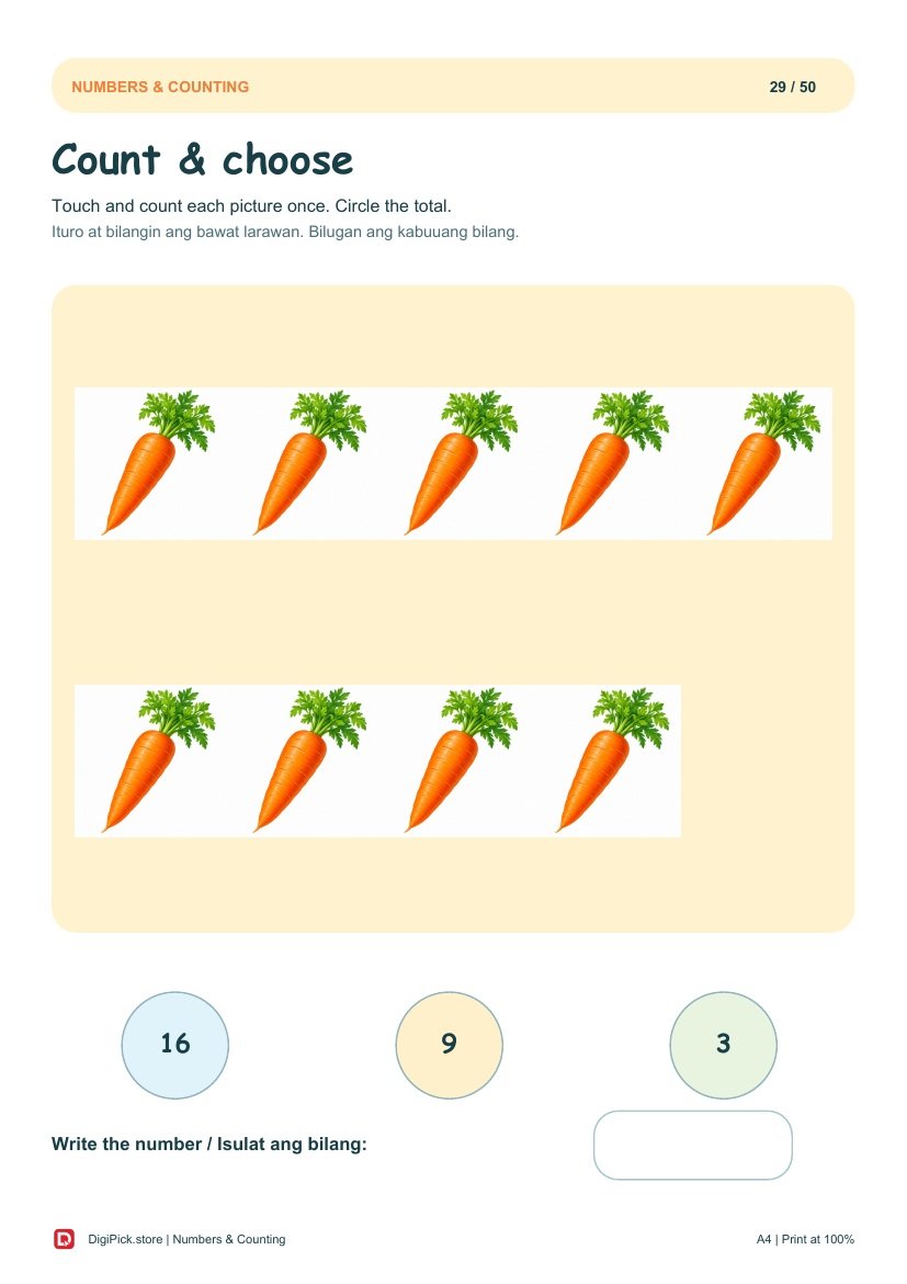 Numbers & Counting - 50 Colorful Preschool Pages (A4 PDF) - actual included file preview