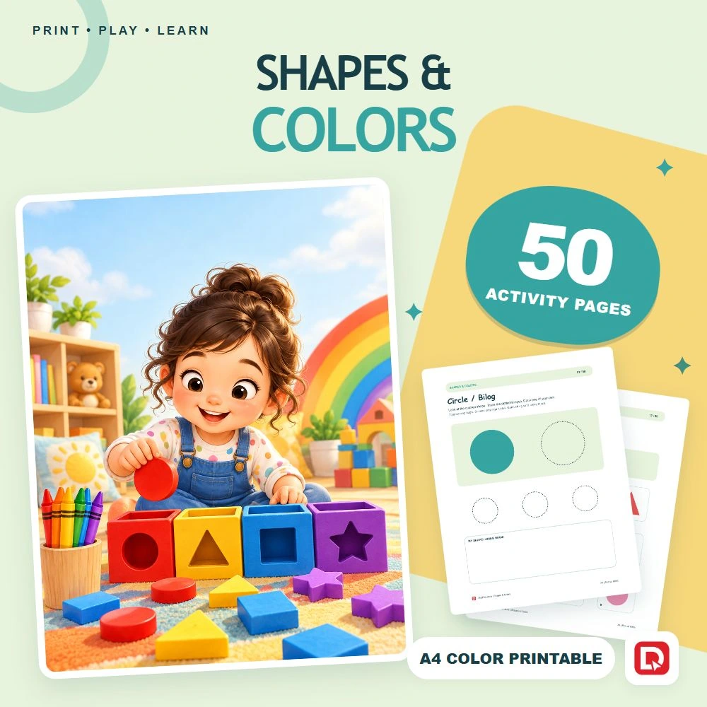 Shapes & Colors - 50 Colorful Preschool Pages (A4 PDF) - original DigiPick digital product cover