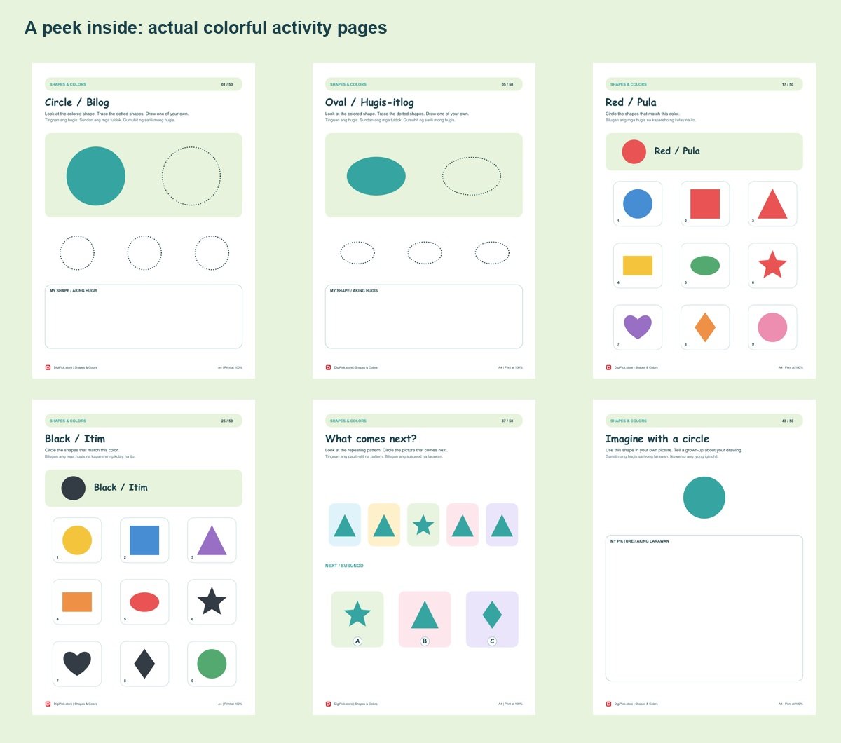 Shapes & Colors - 50 Colorful Preschool Pages (A4 PDF) - actual included file preview