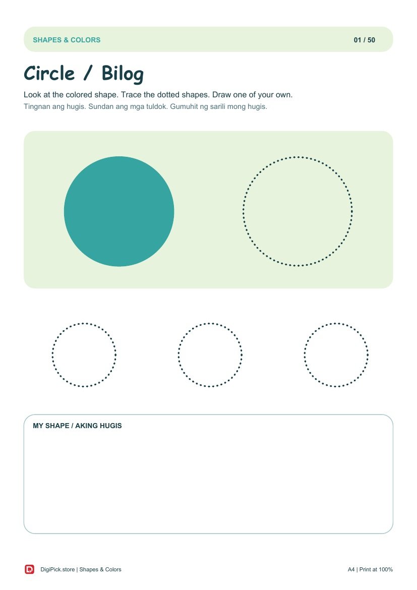 Shapes & Colors - 50 Colorful Preschool Pages (A4 PDF) - actual included file preview