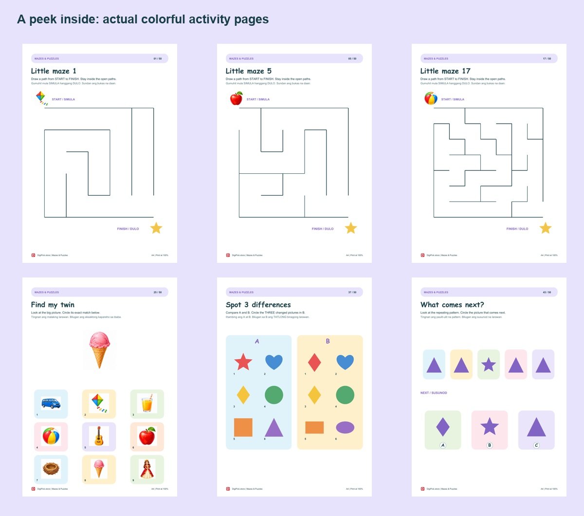 Mazes & Puzzles - 50 Colorful Preschool Pages (A4 PDF) - actual included file preview