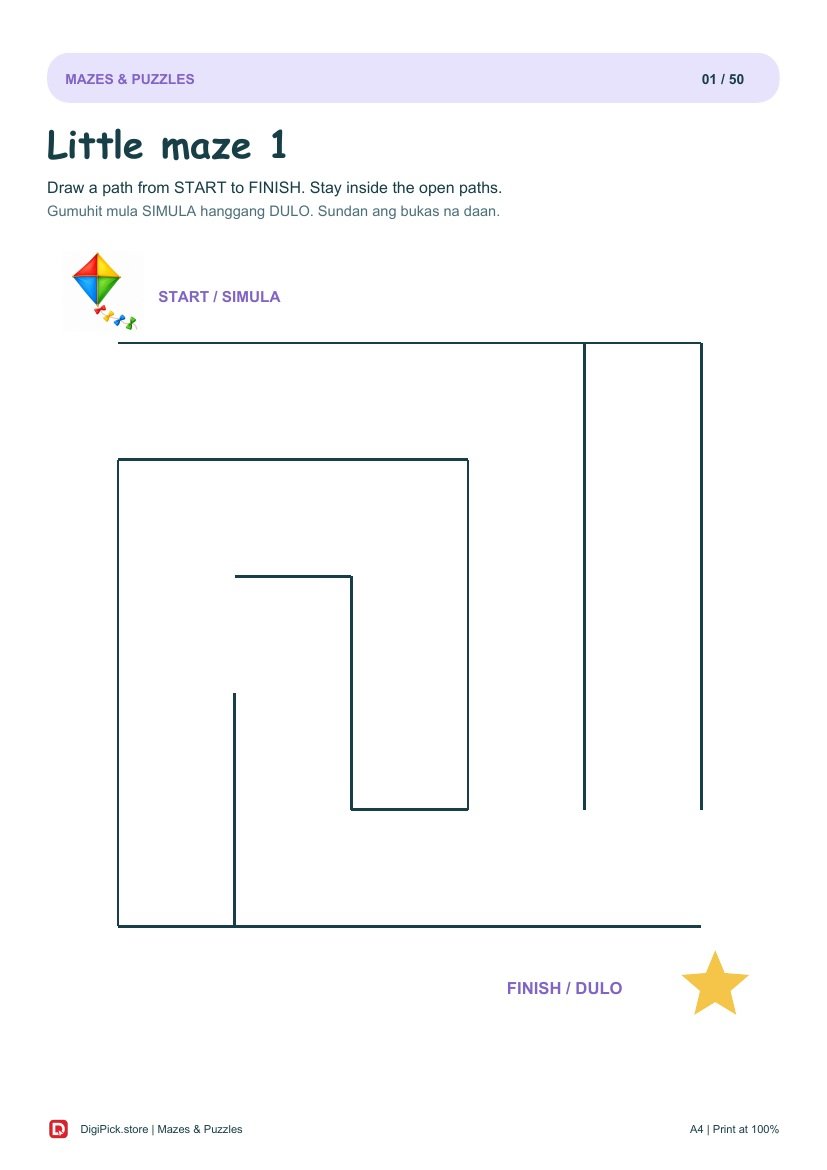 Mazes & Puzzles - 50 Colorful Preschool Pages (A4 PDF) - actual included file preview