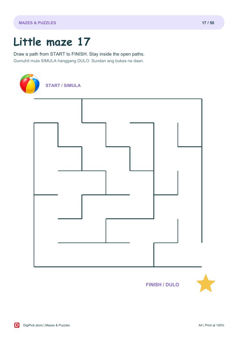 Mazes & Puzzles - 50 Colorful Preschool Pages (A4 PDF) - actual included file preview
