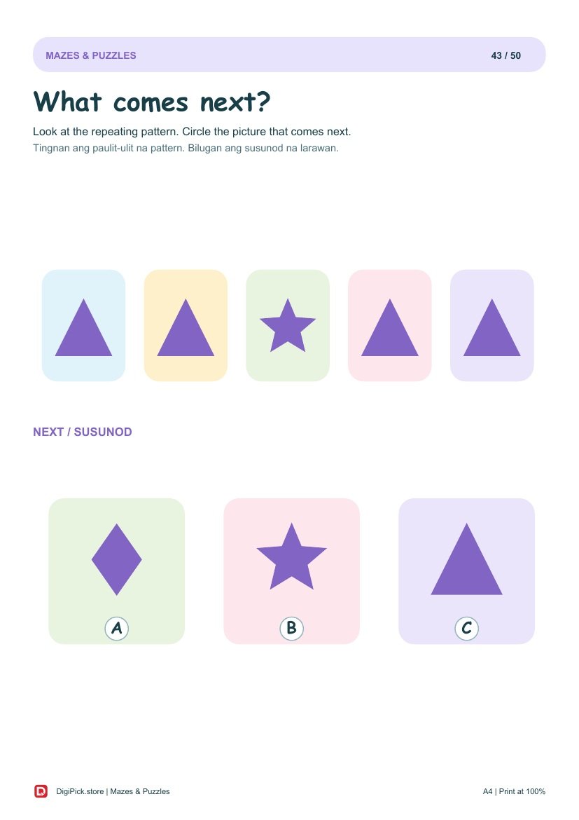 Mazes & Puzzles - 50 Colorful Preschool Pages (A4 PDF) - actual included file preview