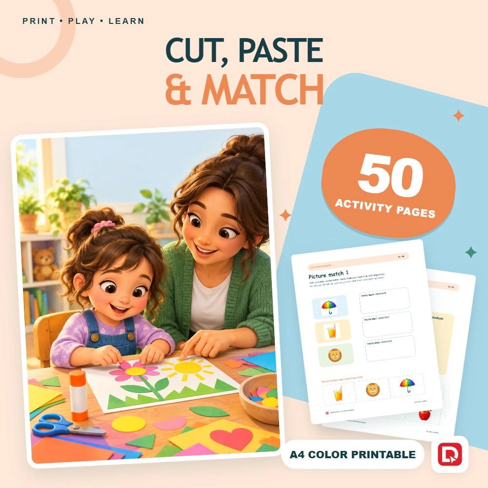 Cut, Paste & Match - 50 Colorful Preschool Pages (A4 PDF) - original DigiPick digital product cover