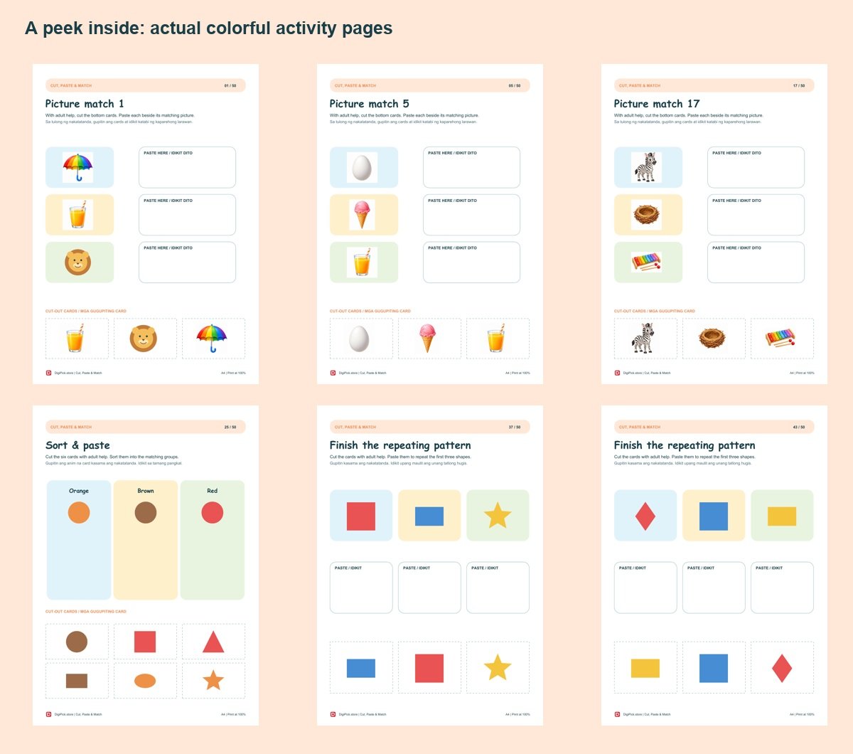 Cut, Paste & Match - 50 Colorful Preschool Pages (A4 PDF) - actual included file preview