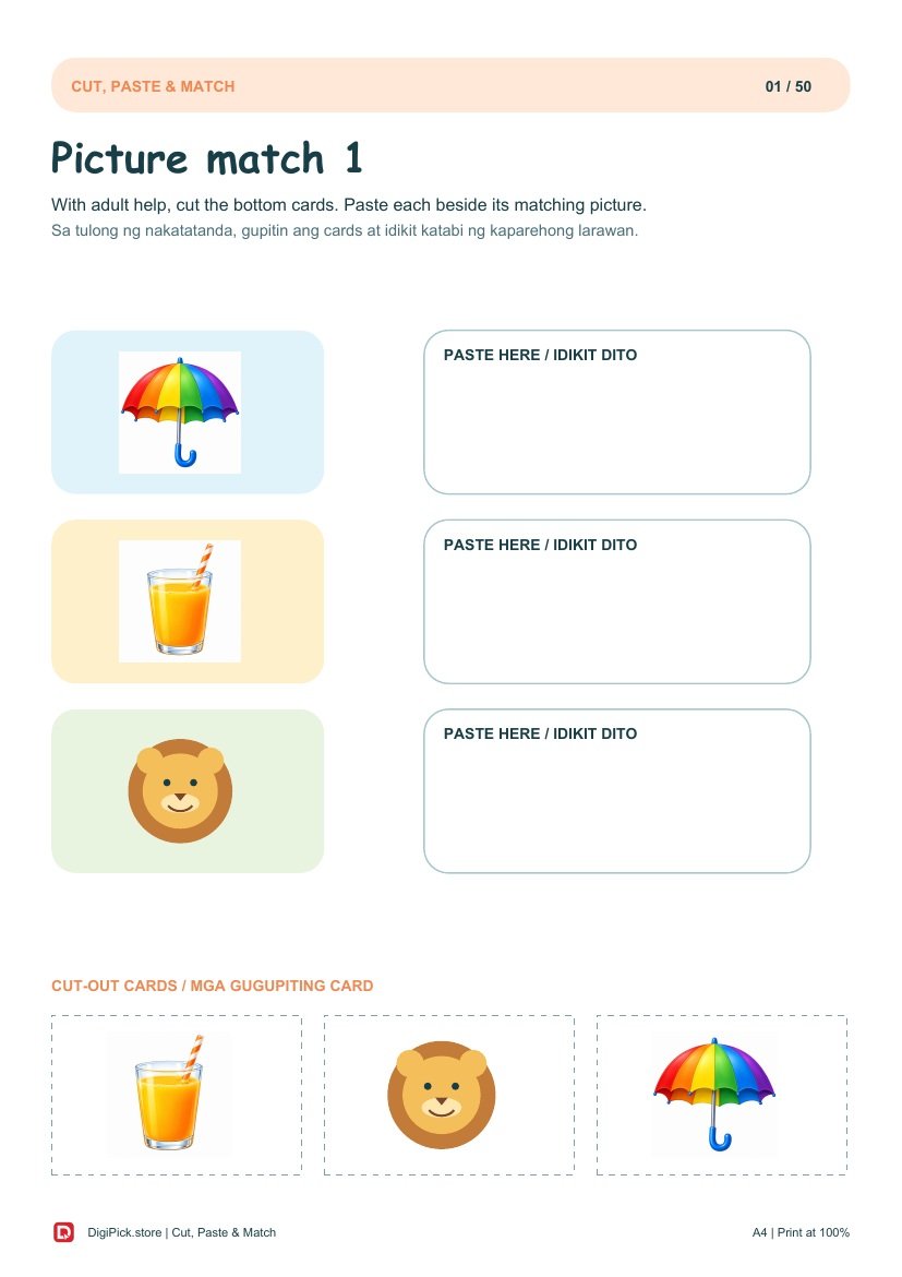 Cut, Paste & Match - 50 Colorful Preschool Pages (A4 PDF) - actual included file preview