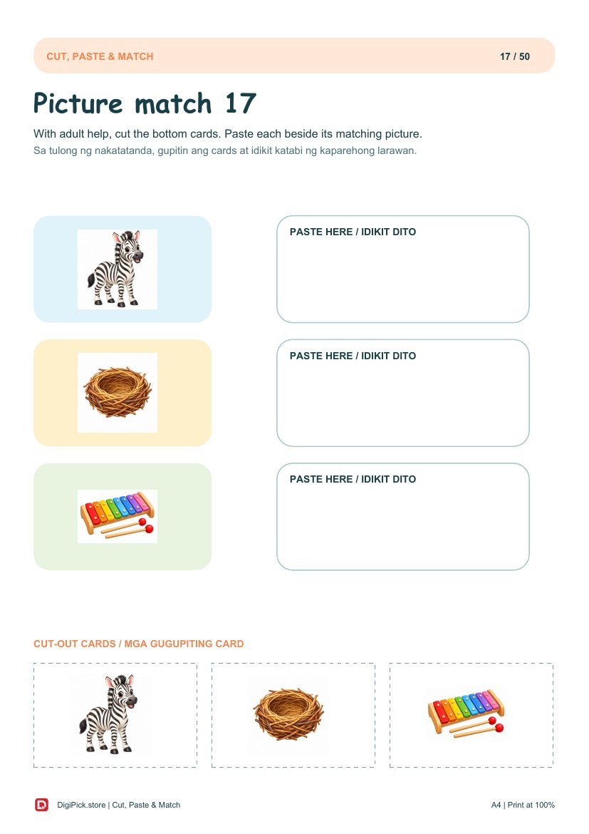 Cut, Paste & Match - 50 Colorful Preschool Pages (A4 PDF) - actual included file preview