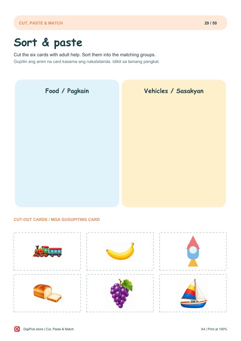 Cut, Paste & Match - 50 Colorful Preschool Pages (A4 PDF) - actual included file preview
