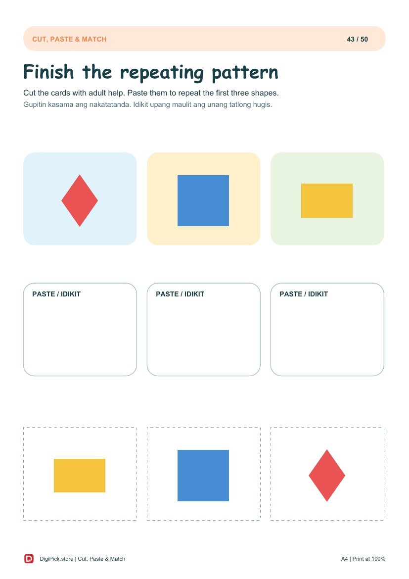 Cut, Paste & Match - 50 Colorful Preschool Pages (A4 PDF) - actual included file preview