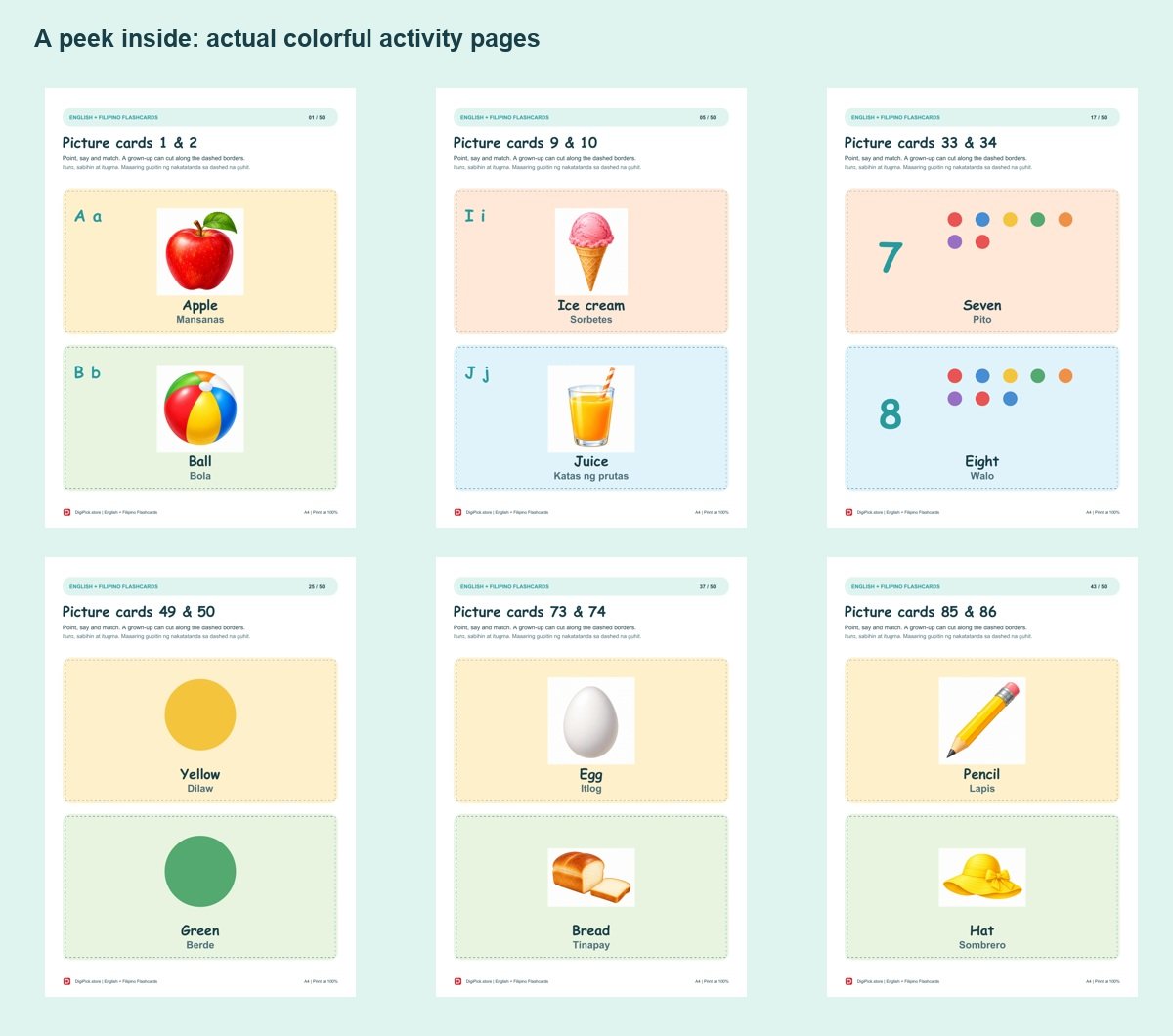 English + Filipino Flashcards - 100 Picture Cards (A4 PDF) - actual included file preview