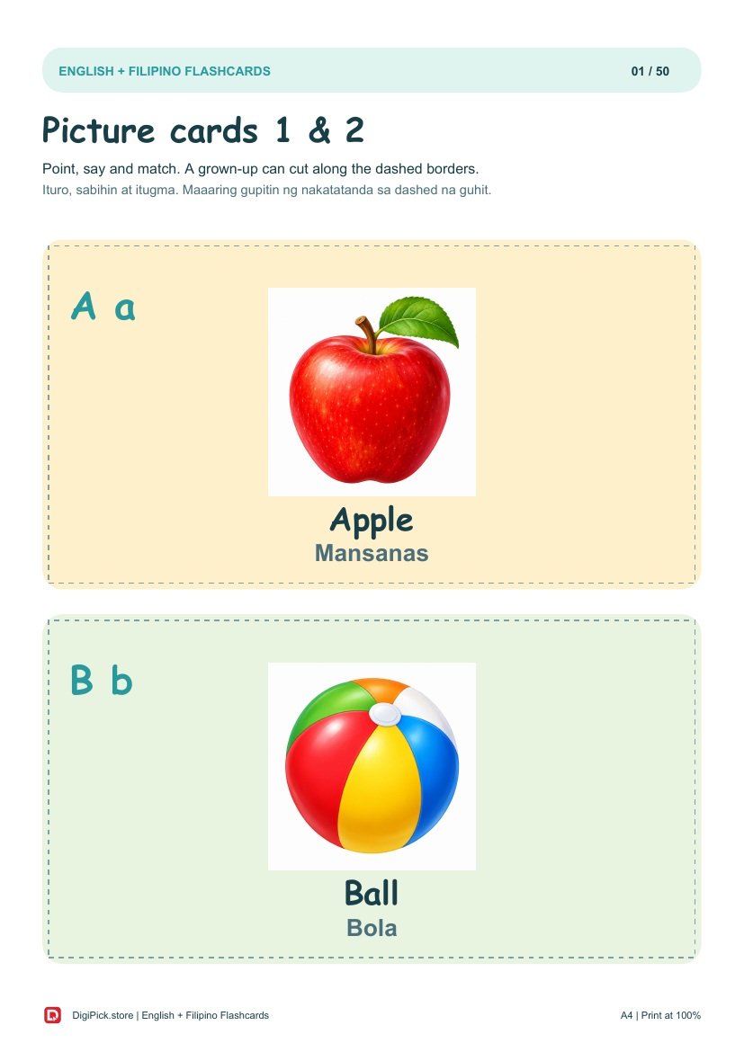 English + Filipino Flashcards - 100 Picture Cards (A4 PDF) - actual included file preview