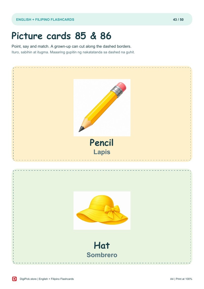 English + Filipino Flashcards - 100 Picture Cards (A4 PDF) - actual included file preview