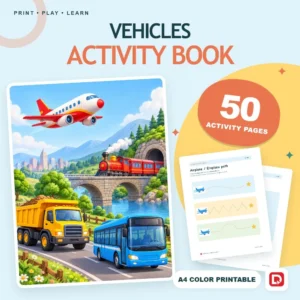 Vehicles Activity Book - 50 Colorful Preschool Pages (A4 PDF) - original DigiPick digital product cover