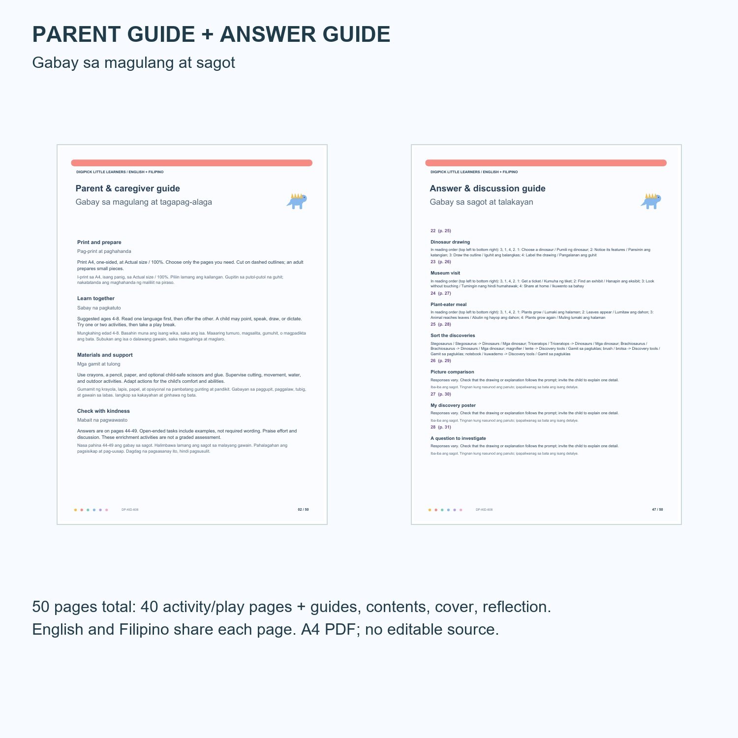 Dinosaur Discovery Pack - English + Filipino, 50 Pages - actual included file preview