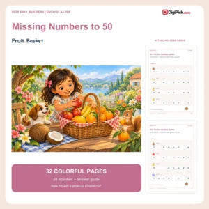 Fruit Basket missing numbers to 50 worksheets - 32-page English A4 PDF cover and real page previews