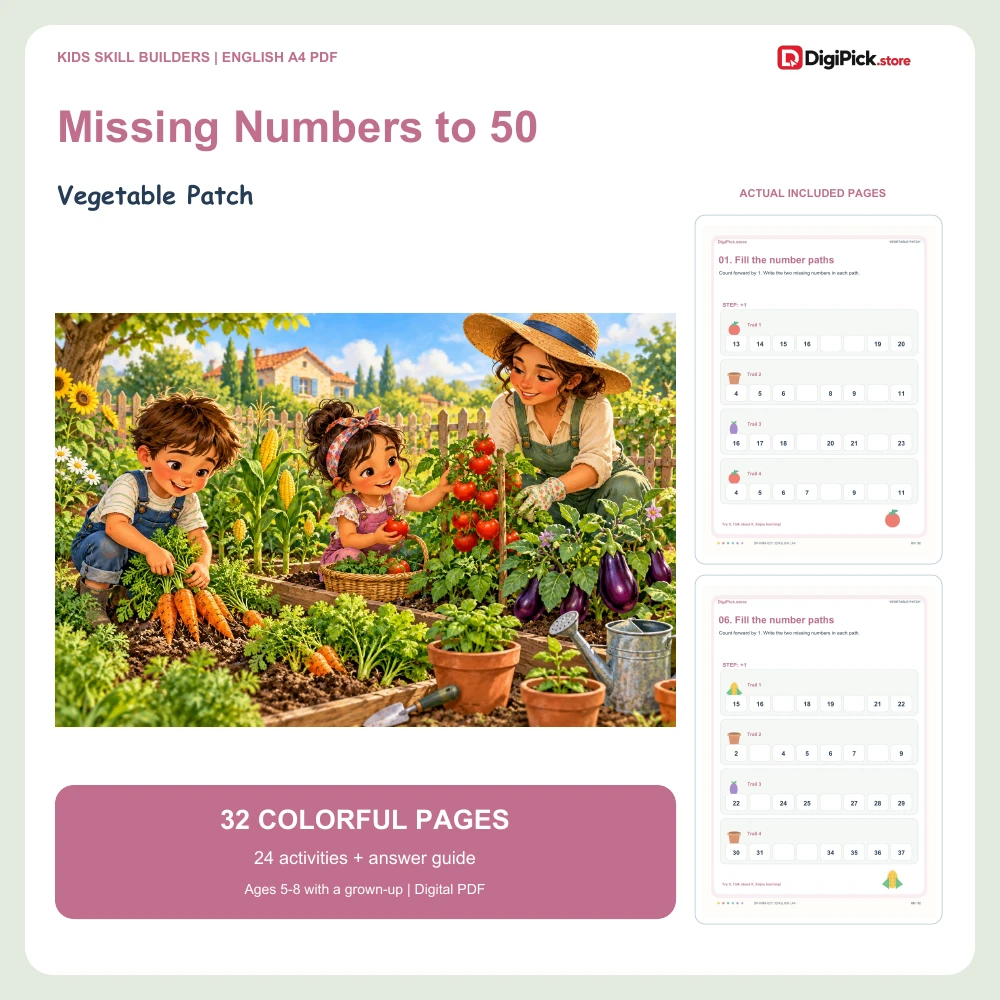 Vegetable Patch missing numbers to 50 worksheets - 32-page English A4 PDF cover and real page previews